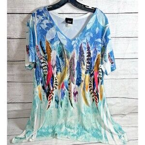 Jostar Blue w Multicolor Feathers & Sequins Top Shirt Sz M V Neck Stretch Slinky
